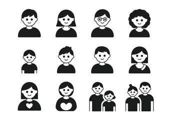 Vector icons depicting a diverse group of people and families smiling together
