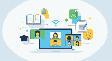 Online Education Platform with Laptop Video Call and Educational Icons