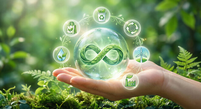 Human hand holding a glowing glass sphere with an infinity symbol, surrounded by circular green environmental icons and lush foliage with soft bokeh.
