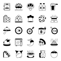 Cooking icon collection Isolated on white. Containing Baking, Beans, Beef, Chef. Glyph icon style.