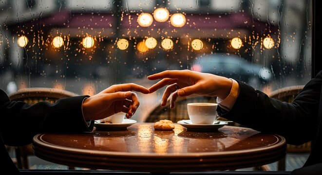 Two people in formal attire reaching out to touch fingertips over coffee cups on a wooden table with bokeh lights and rain streaks on window background in a cafe establishing romantic connection
