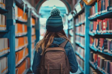 Obraz premium Young student wearing backpack and wool hat walking between bookshelves in library corridor searching for books