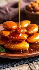 A plate of caramel-covered cookies on a wooden table