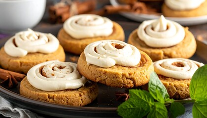 A plate of frosted cookies with nuts and mint leaves