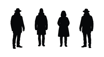 Four figures in winter clothing stand side by side presented as a striking black silhouette on transparent background high quality professional detailed modern © rabbivay