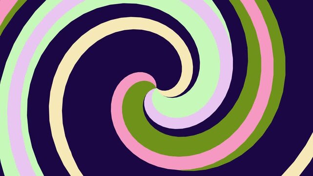 Mesmerizing abstract optical spiral pattern with bold retro curved lines against a deep midnight blue background, colored in creamy yellow, blush pink, and olive green.