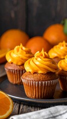A plate of frosted cupcakes with oranges in the background