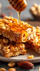 A plate of honey bars with a honey dipper on top