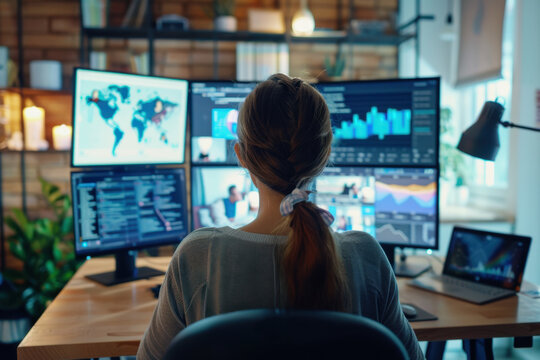 Professionnelle en t&eacute;l&eacute;travail assistant &agrave; plusieurs visioconf&eacute;rences sur &eacute;crans multiples, concept de travail &agrave; distance, gestion internationale et digital workplace.