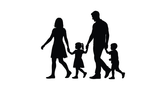 A family of four holding hands depicted in black against a white space on transparent background silhouette high quality professional detailed
