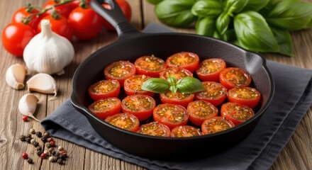 Roasted Tomatoes: A tantalizing close-up showcases a cast iron skillet brimming with roasted cherry tomatoes, adorned with fresh basil and garlic cloves.