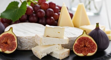 Gourmet cheese board with figs and grapes: A close-up shot of an artfully arranged cheese board featuring a variety of cheeses, complemented by fresh figs and grapes.