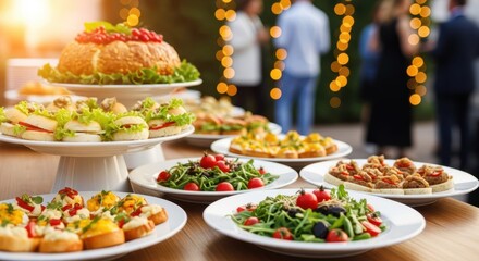 Culinary Buffet Delights: A vibrant table laden with an array of delectable dishes, catering to a sophisticated gathering, tantalizing the senses with culinary artistry.