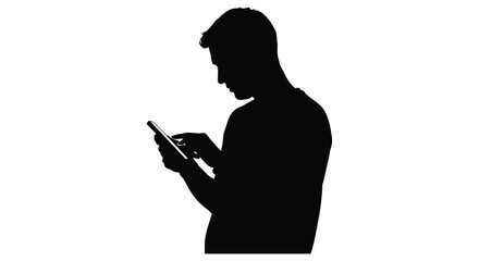 A black silhouette of a man intently using a mobile phone ideal for design projects on transparent background silhouette high quality