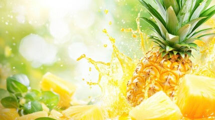 Tropical Pineapple Splash: A vibrant pineapple, with its iconic spiky leaves, stands amid a burst of juice. capturing freshness