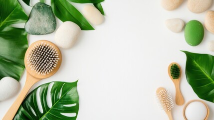 Spa Essentials with Leafy Greenery: A carefully curated composition of spa essentials, including natural skincare elements, organic green leaves, and smooth stones.