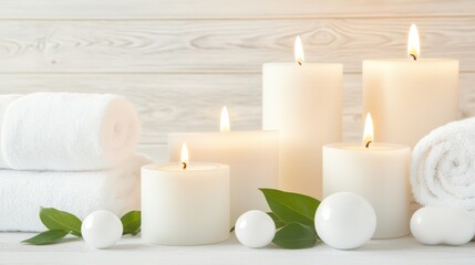 Serene Sanctuary: Lit candles, towels, and decorative accents create a peaceful spa atmosphere, promoting relaxation and tranquility.