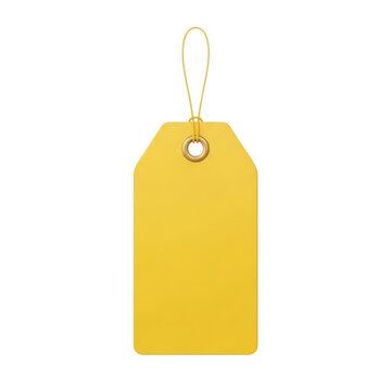 A bright yellow shipping tag with a white string attachment on a white background isolated on transparent background