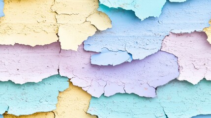 Weathered Hues: A close-up shot revealing a distressed wall with layers of peeling paint in a spectrum of soft pastel colors, showcasing textures, age and the effects of time. 