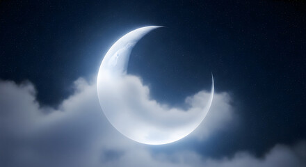 Crescent Moon Shining Brightly Through Clouds at Night