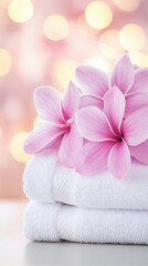 Serene Spa Day: Delicate pink frangipani blossoms rest on a stack of plush, inviting white towels, evoking a sense of tranquility and relaxation, perfect for a spa day getaway.