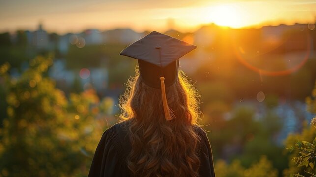 Graduating student in cap and gown watches golden sunset over a cityscape