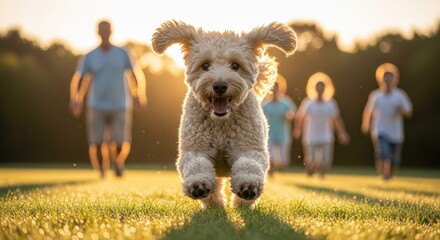 Joyful Dog in Pursuit: A delightful puppy bounds through a sun-drenched field, radiating pure happiness as it chases after its owners, embodying the spirit of play and companionship. 