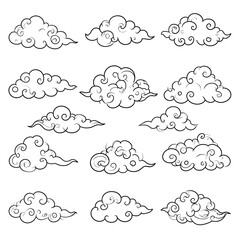 Fototapeta premium Black and white illustration with twelve stylized cumulus clouds, each showing unique swirling patterns. Vector image on white background