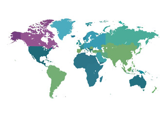 Obraz premium A colorful world map highlighting different regions and countries in various shades of blue and green with some areas in purple on a white background.