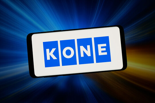 Stuttgart, Germany - 02-11-2026: In this photo illustration, the logo of Finnish elevator corporation Kone Oyj is displayed on a smartphone in front of abstract background on computer screen.