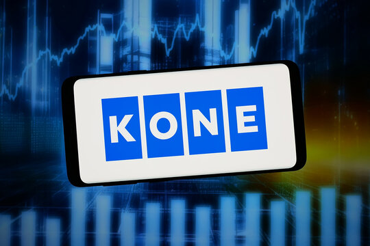 Stuttgart, Germany - 02-11-2026: In this photo illustration, the logo of Finnish elevator corporation Kone Oyj is displayed on a smartphone in front of abstract background on computer screen.