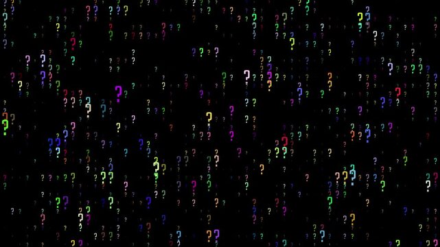Neon uncertainty. Background with colored question marks, like a code rain. Visual of digital wonder, multi-color animation.