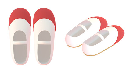 小学生や幼稚園児が履く赤い上履きの3DCGイラスト。幼稚園や小学校、児童館などの女の子用の持ち物の挿絵素材