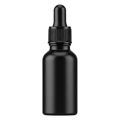 A black dropper bottle with a black dropper cap on a white background. isolated on transparent background
