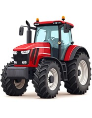 Obraz premium Red tractor illustration. Large tires, cab, lights, exhaust, and detailed grill are prominent