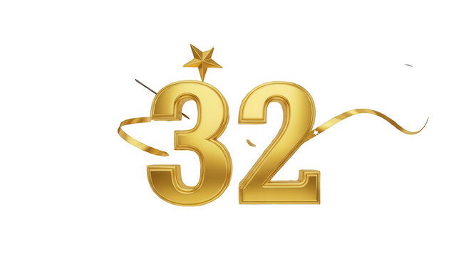 A golden number 32 with a star on top, shining brightly against a white background. isolated on transparent background