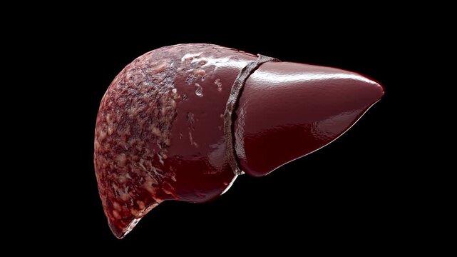 Fatty liver disease and liver cancer concepts illustrate anatomy of damaged human liver with abnormal tissue or lumps of fat. for medical education. 3D render on black background and green screen.