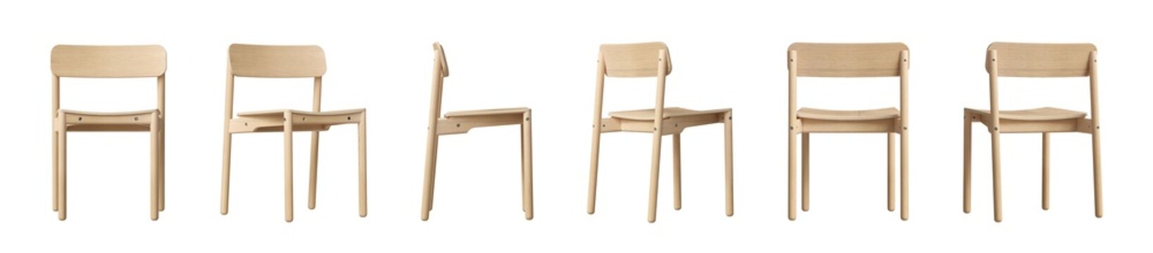Set of modern wooden dining chair isolated on transparent background, scandinavian furniture.