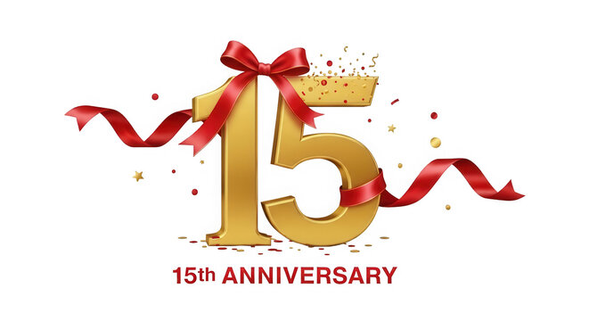 Fifteen years of celebration with a festive and elegant ribbon design isolated on transparent background