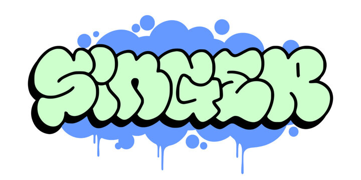 Colorful graffiti throw up SINGER in bubbly urban street art style. Vibrant light blue bubble letters for music branding and hip hop apparel design.