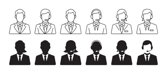 Telemarketing service staff icons showing support agents with microphones in linear and solid black styles