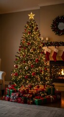 Christmas Tree with Gifts and Fireplace.