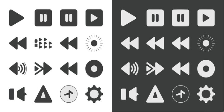 Set of media player icons for user interface design in light and dark mode versions on split background