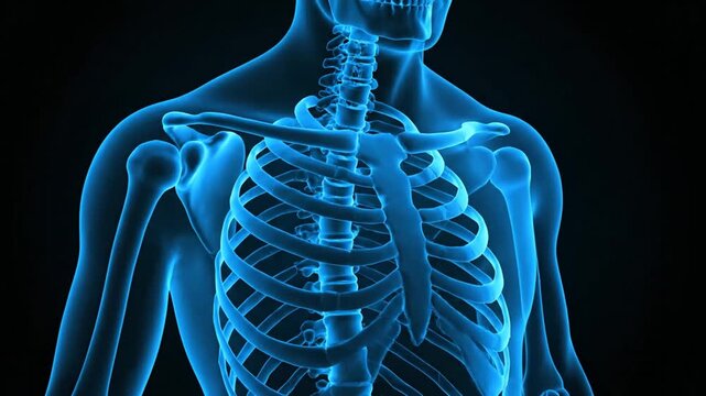 Blue glowing 3D render of human skeleton upper body x-ray view