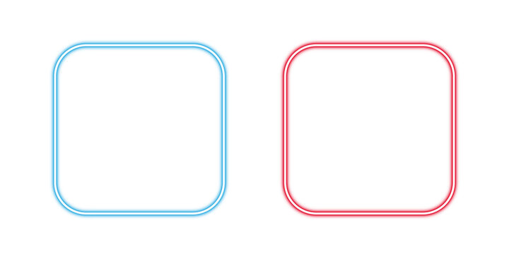 Blue and red glowing neon rounded square frames isolated on a transparent background