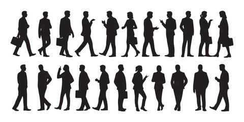 People silhouettes, business persons in various poses, men and women standing and walking, isolated on white background
