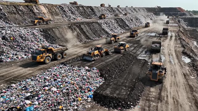 Aerial view of a vast landfill with heavy machinery compacting waste
