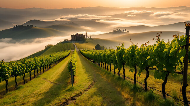 passphrase. Nebbiolo grape vineyard on Piedmont hillside with morning fog and rolling hills. travel magazines, destination branding, designed for outdoor magazines and nature guides.