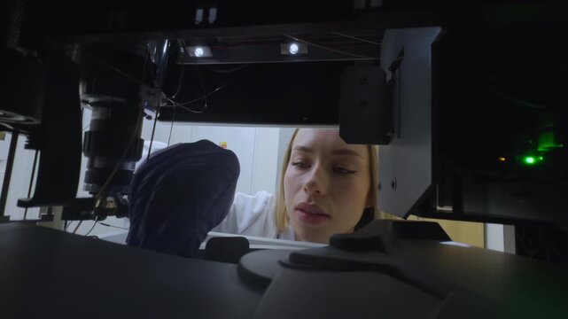 Female scientist loading vials into HPLC instrument. Analytical chemistry, laboratory research, pharmaceutical testing and quality control concept.