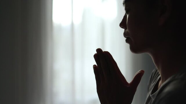 Video 4k of Human hands open palm up worship. Eucharist Therapy Bless God Helping Repent Catholic Easter Lent Mind Pray. Christian Religion concept background. Christian people worship.